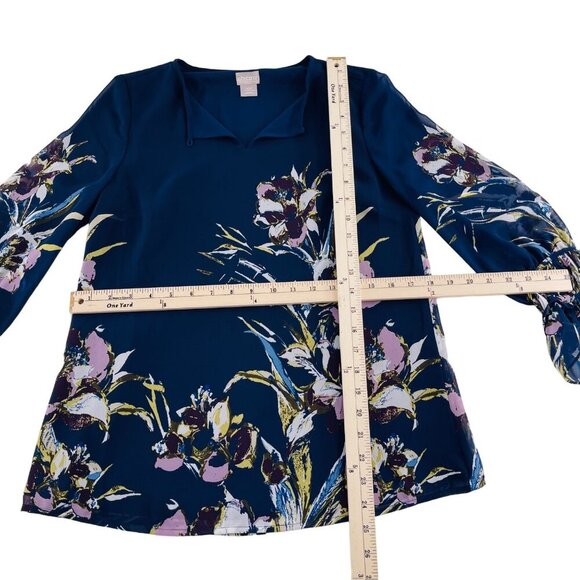 Chicos Blue Floral Long-Sleeve Blouse Size 00P Polyester Spandex Boho Chic Women - Picture 3 of 6